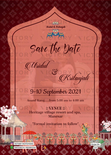 "Captivating Maroon and Brown Digital Save the Date Invitation Card with Beautiful Couple Portrait