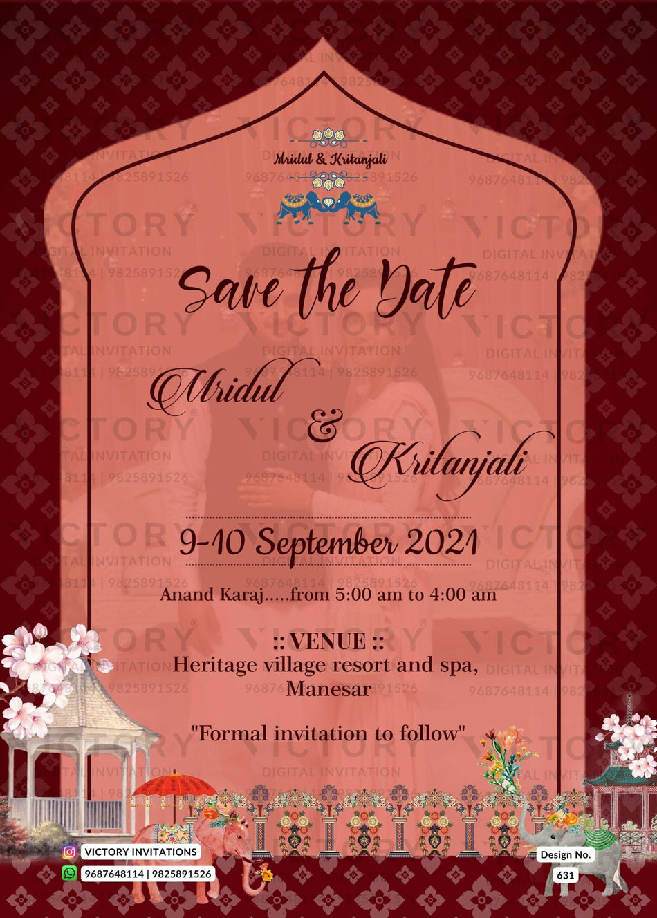 "Captivating Maroon and Brown Digital Save the Date Invitation Card with Beautiful Couple Portrait