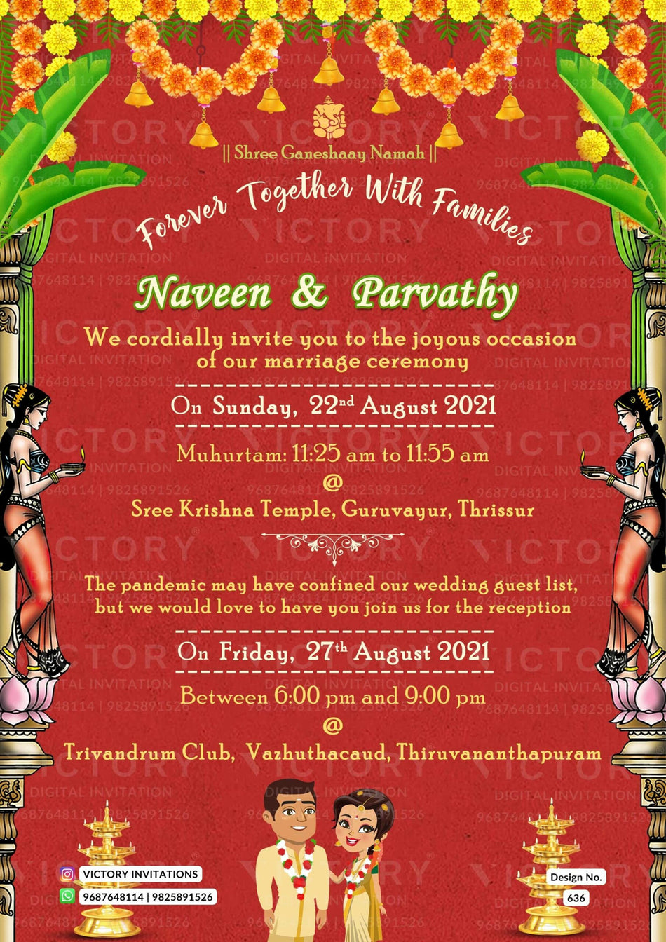 Wedding ceremony invitation Video of hindu south indian malayali family in english language with Traditional theme design 636