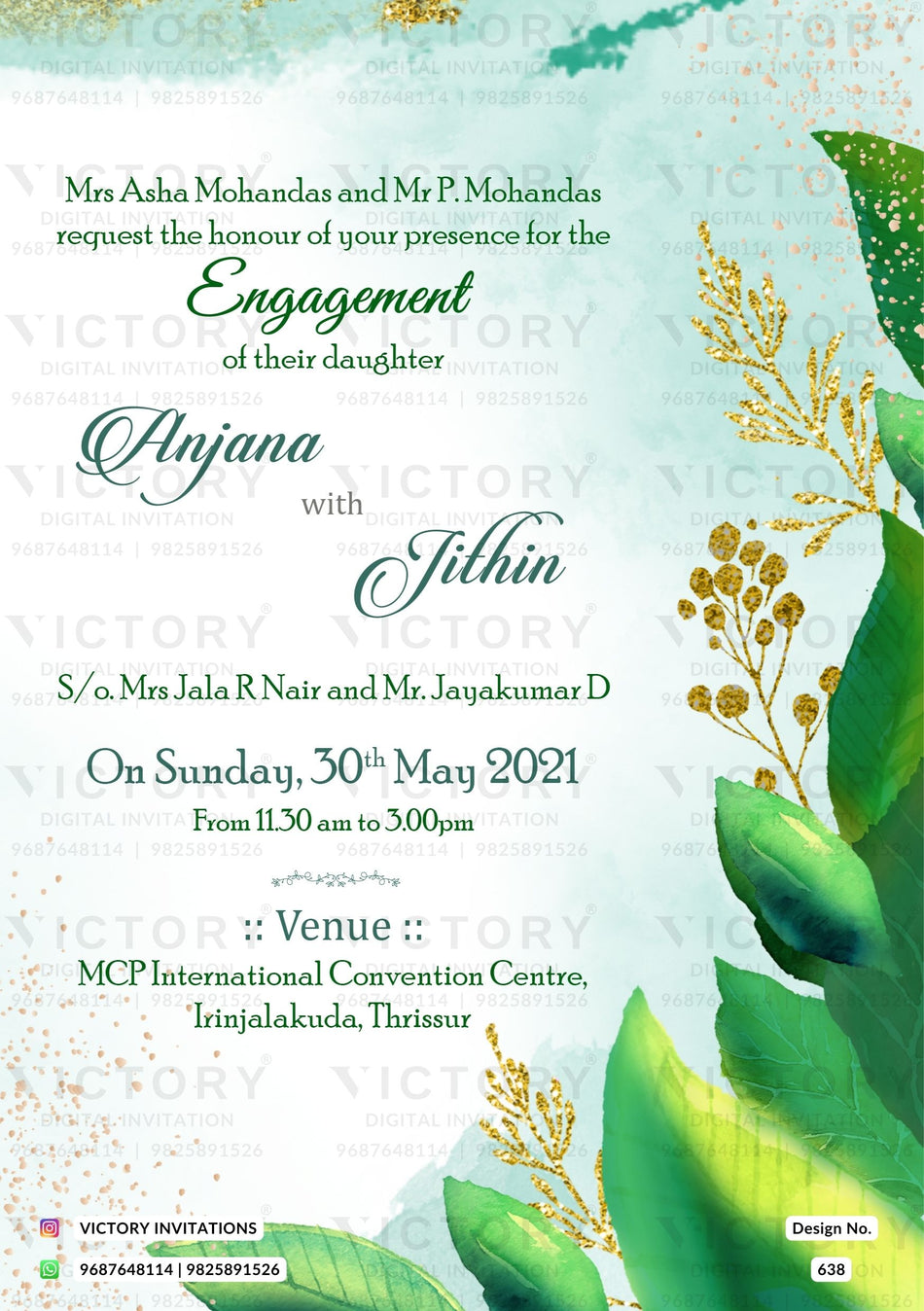 Engagement ceremony invitation card in english language with levaes as glittery theme design 638