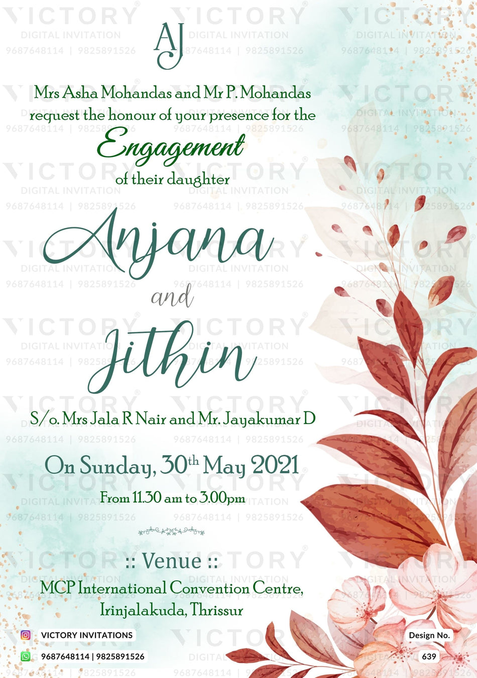 Engagement ceremony invitation card in english language with leaves, flowers, sparkle as minimalistic theme design 639