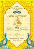 Haldi ceremony invitation card in english language with peacock, elephant as traditional theme design 643