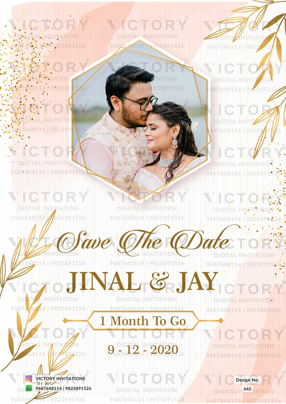 "Carousel Pink Watercolor Save the Date Card with Golden Accents and Couple Portrait"