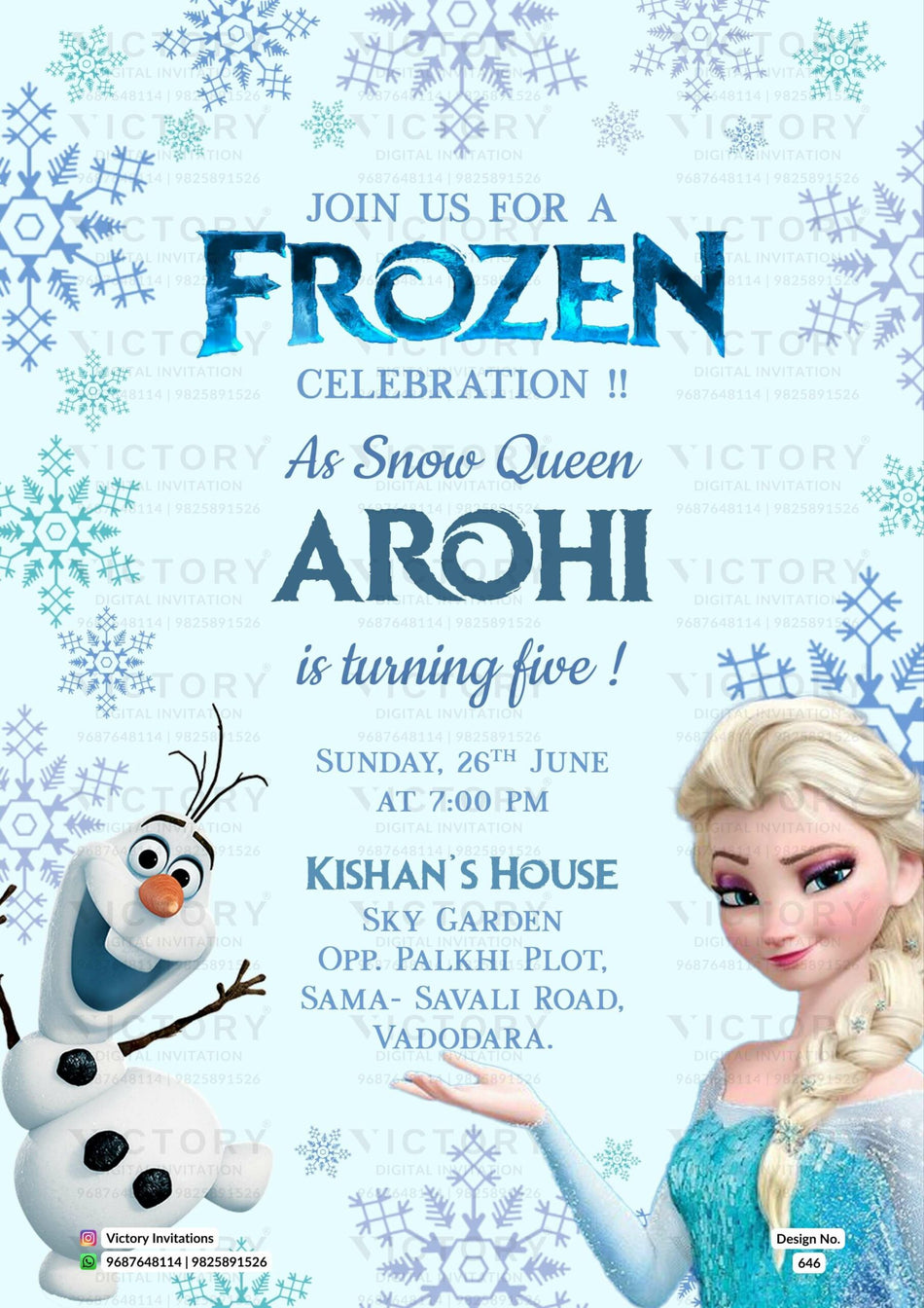 Birthday party invitation card in English language with frozen theme design 646