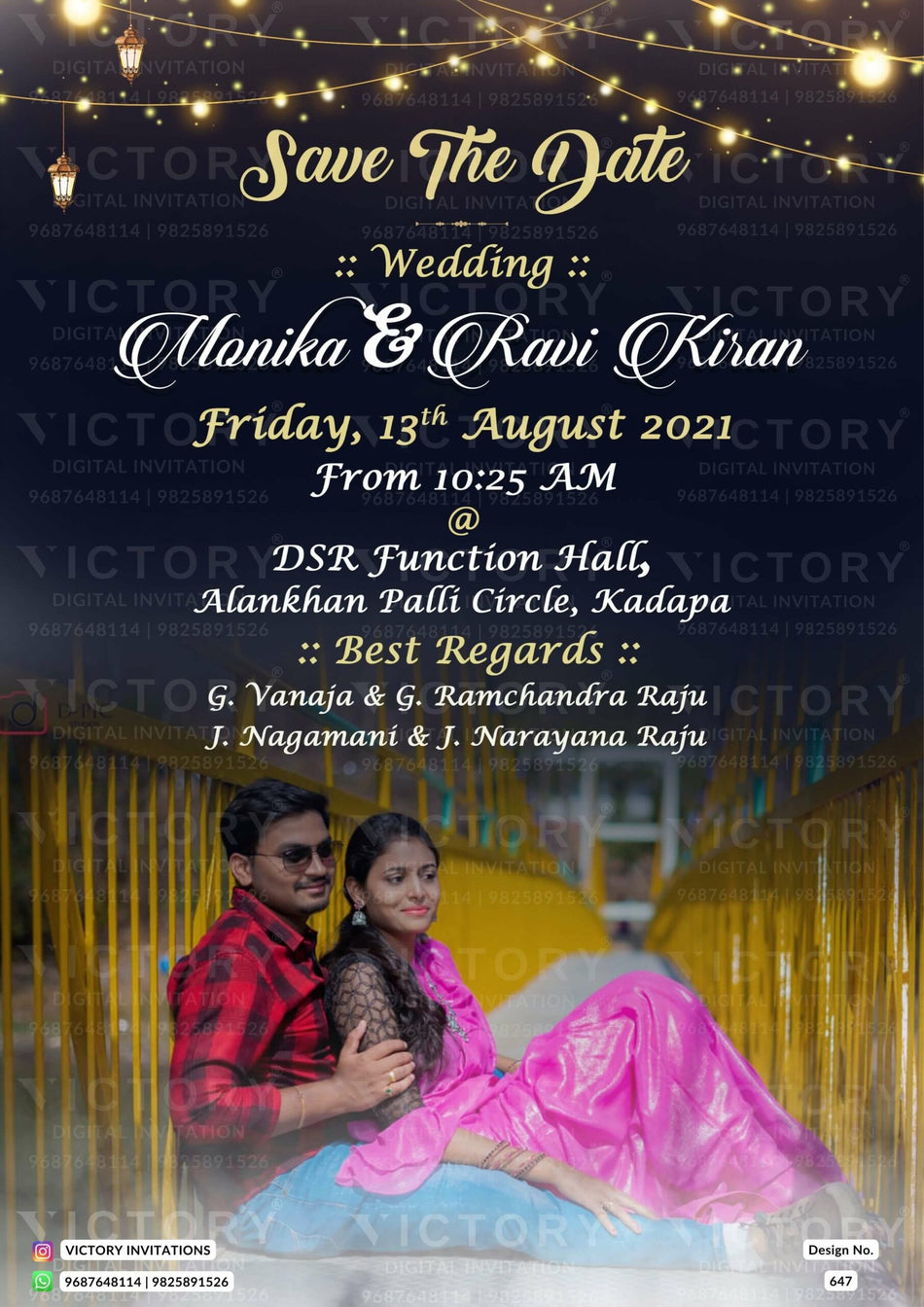 Digital Save The Date Invitation Of South indian In English Language With String Lights Theme design no - 647