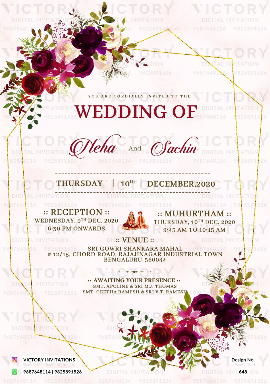 Wedding ceremony invitation card of hindu south indian kannada family in english language with Minimalistic theme design 648
