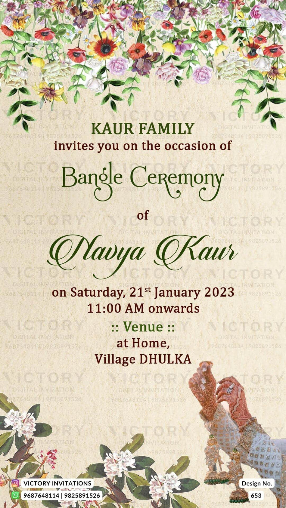 Choora ceremony invitation card in english language with flowers as floral theme design 653