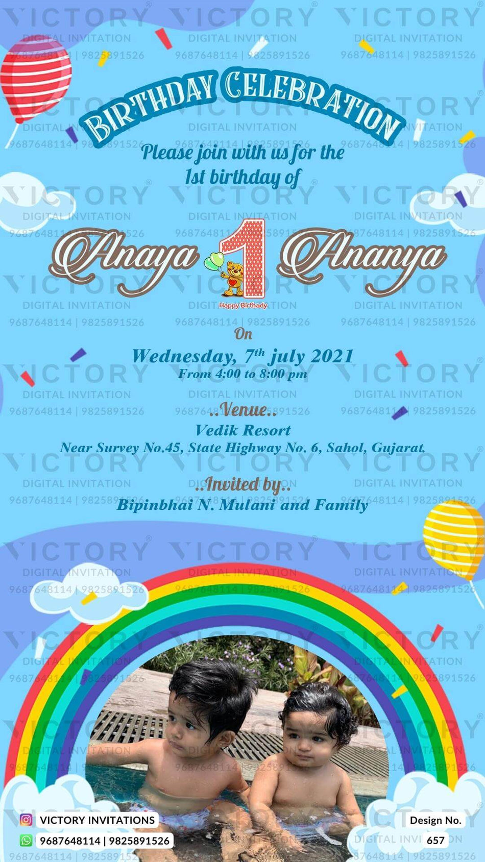 Birthday party invitation card for girl in english language with cloud, balloons as rainbow theme design 657