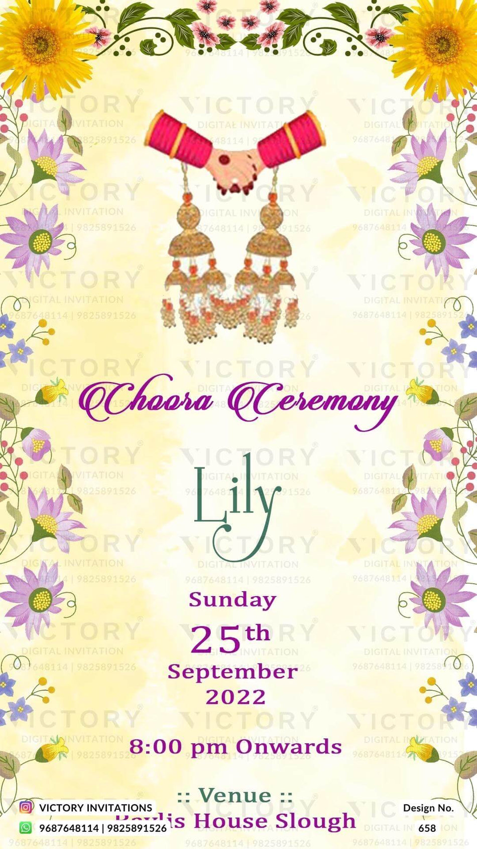 Choora ceremony invitation card in english language with flowers as floral theme design 658