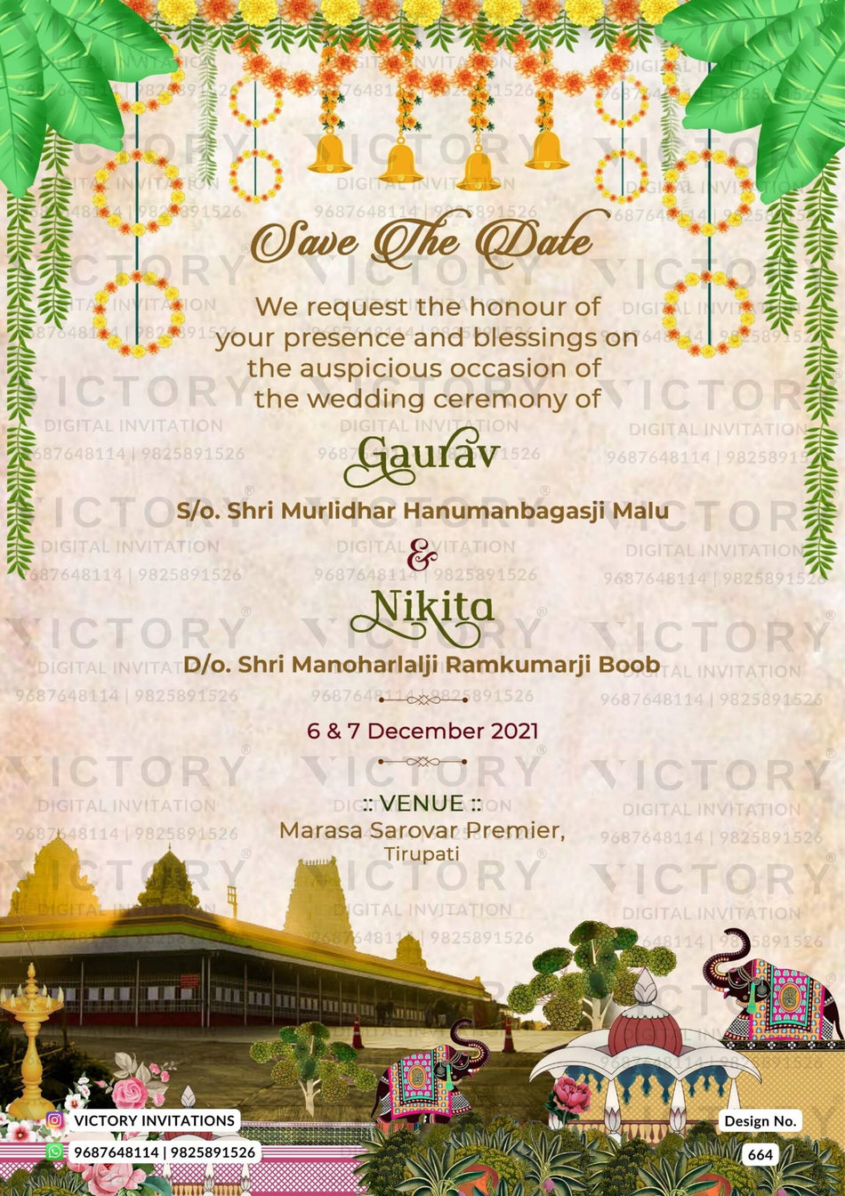 Save the Date card in english language with traditional theme design 664