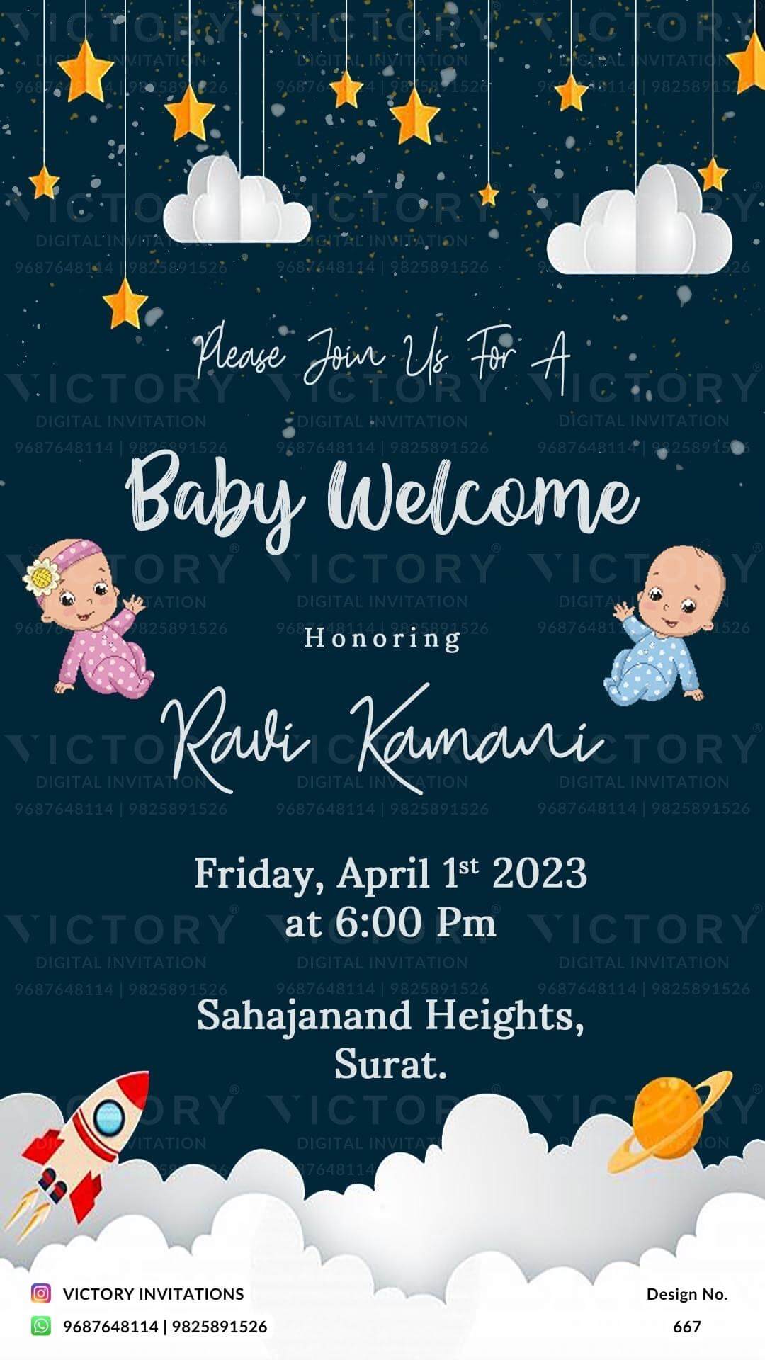 Baby welcome party invitation card in english language with space theme design 667