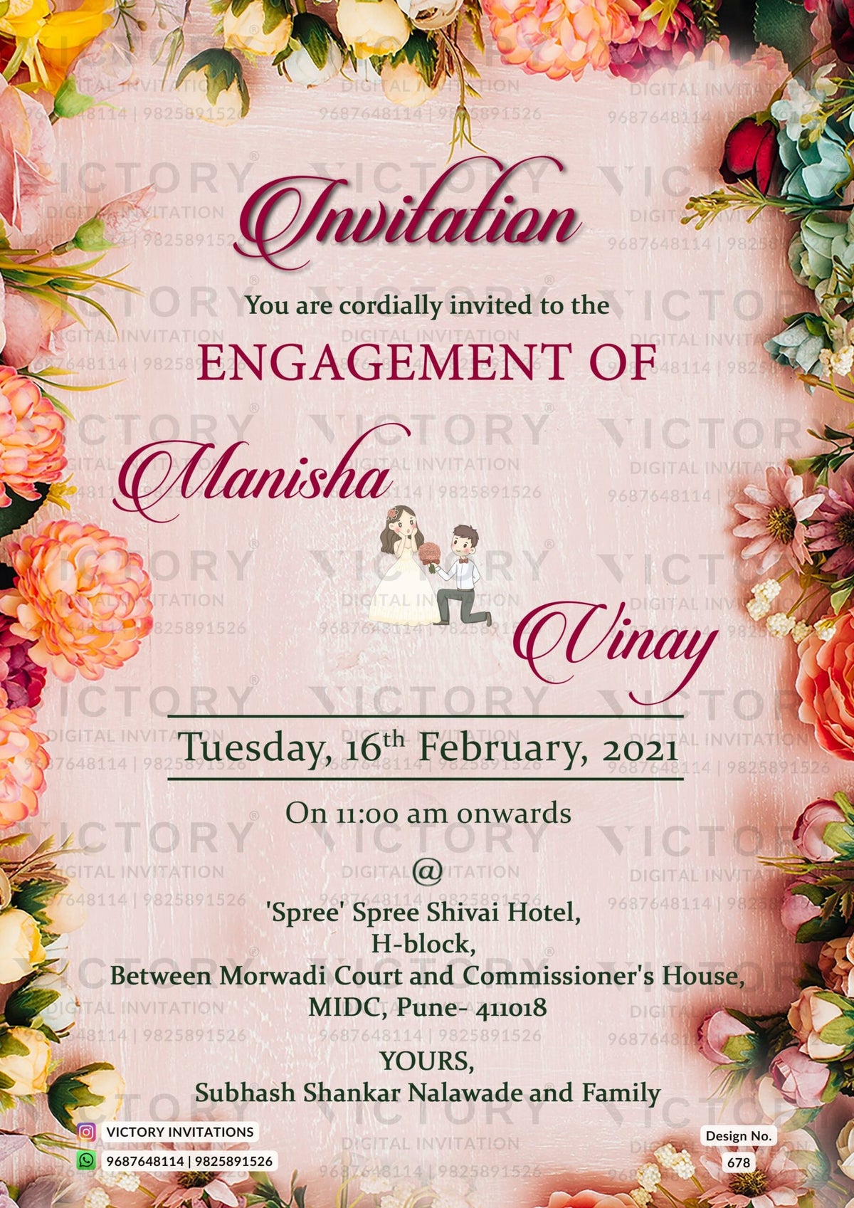 Engagement ceremony invitation card in english language with leaves, couple doodle as floral theme design 678