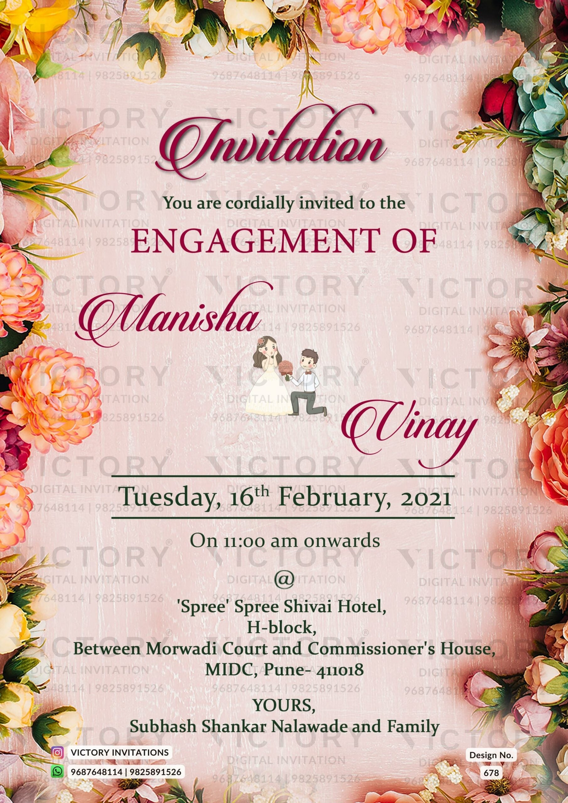 Engagement ceremony invitation card in english language with leaves, couple doodle as floral theme design 678
