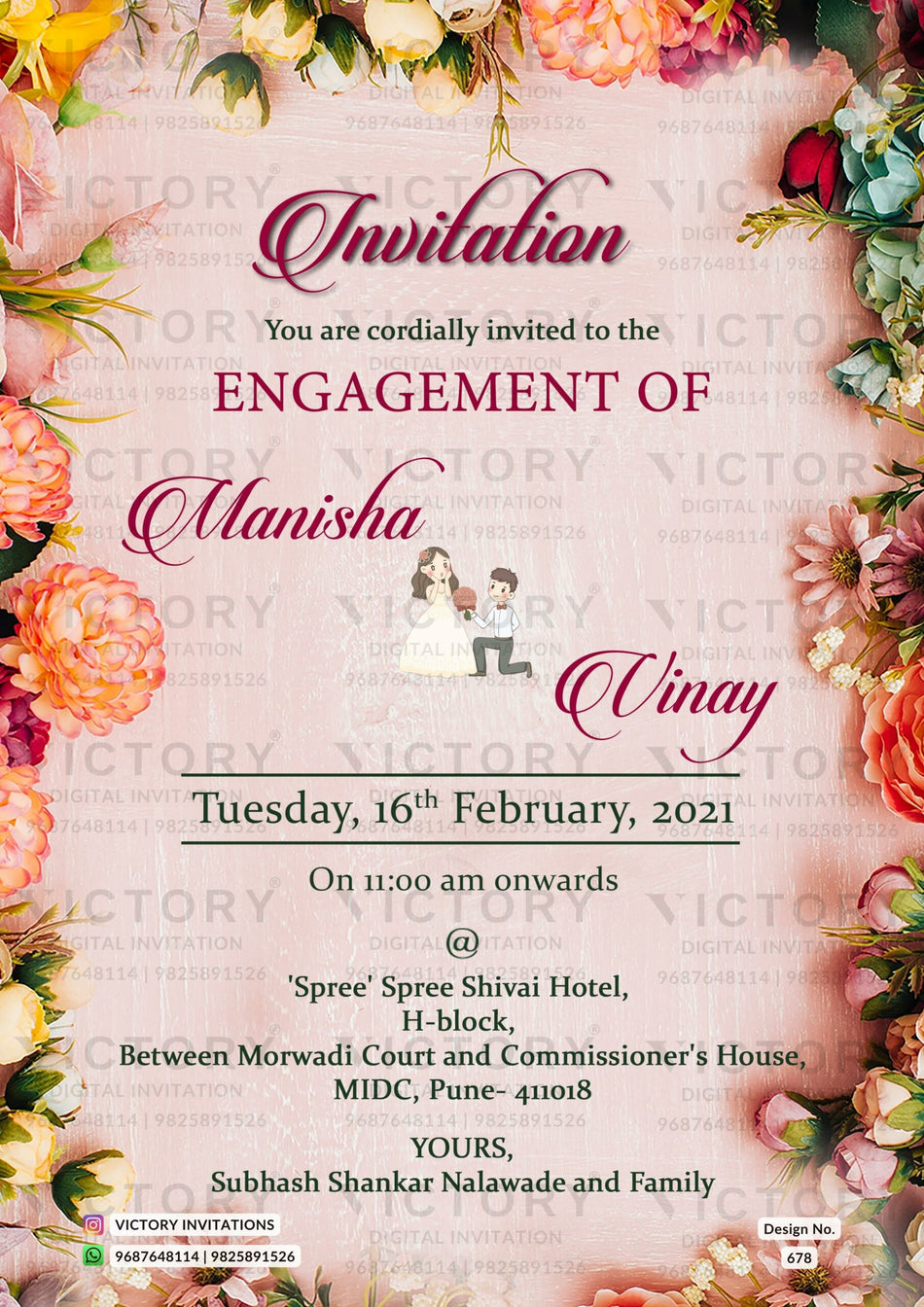 Engagement ceremony invitation card in english language with leaves, couple doodle as floral theme design 678