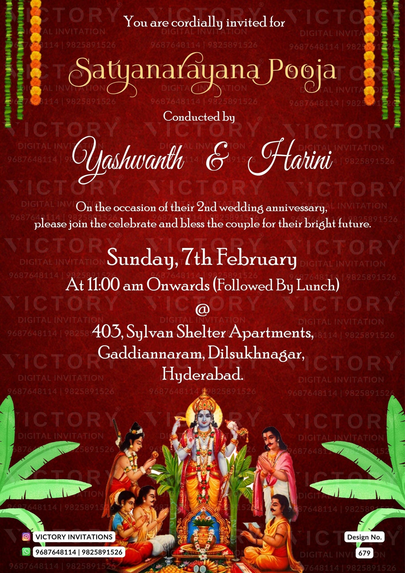 Satyanarayan Pooja Ceremony invitation card in english language with banana leaves, god vishnu image as traditional theme design 679