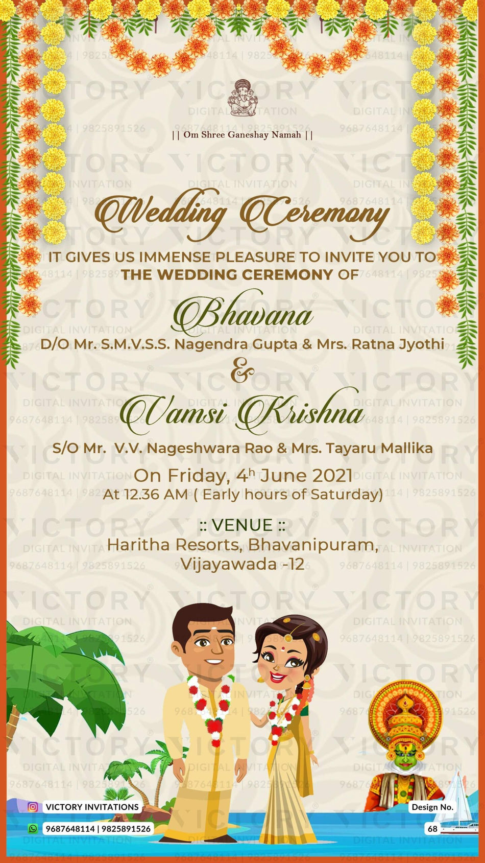 Wedding ceremony invitation card of hindu south indian telugu family in english language with beach theme design 68
