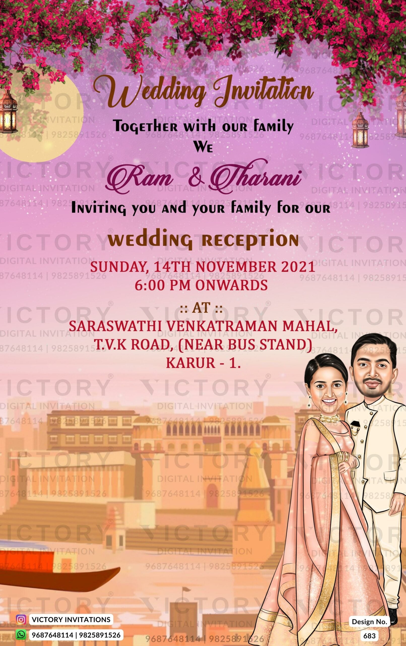 Traditional couple caricature invitation card for the wedding ceremony of Hindu south indian tamil family in english language with wild roses theme design 683