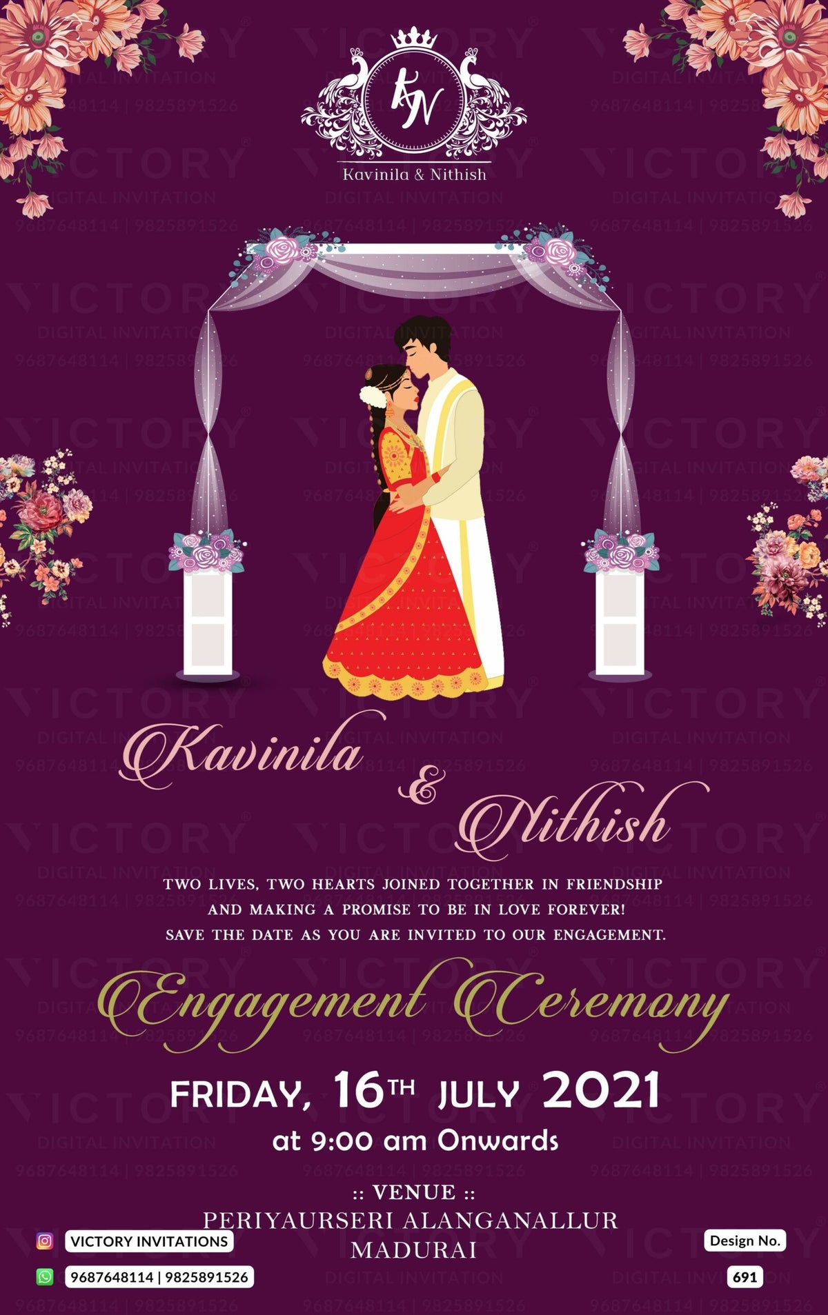 Engagement ceremony invitation card in english language with flowers, mandap, couple doodle as minimalistic theme design 691
