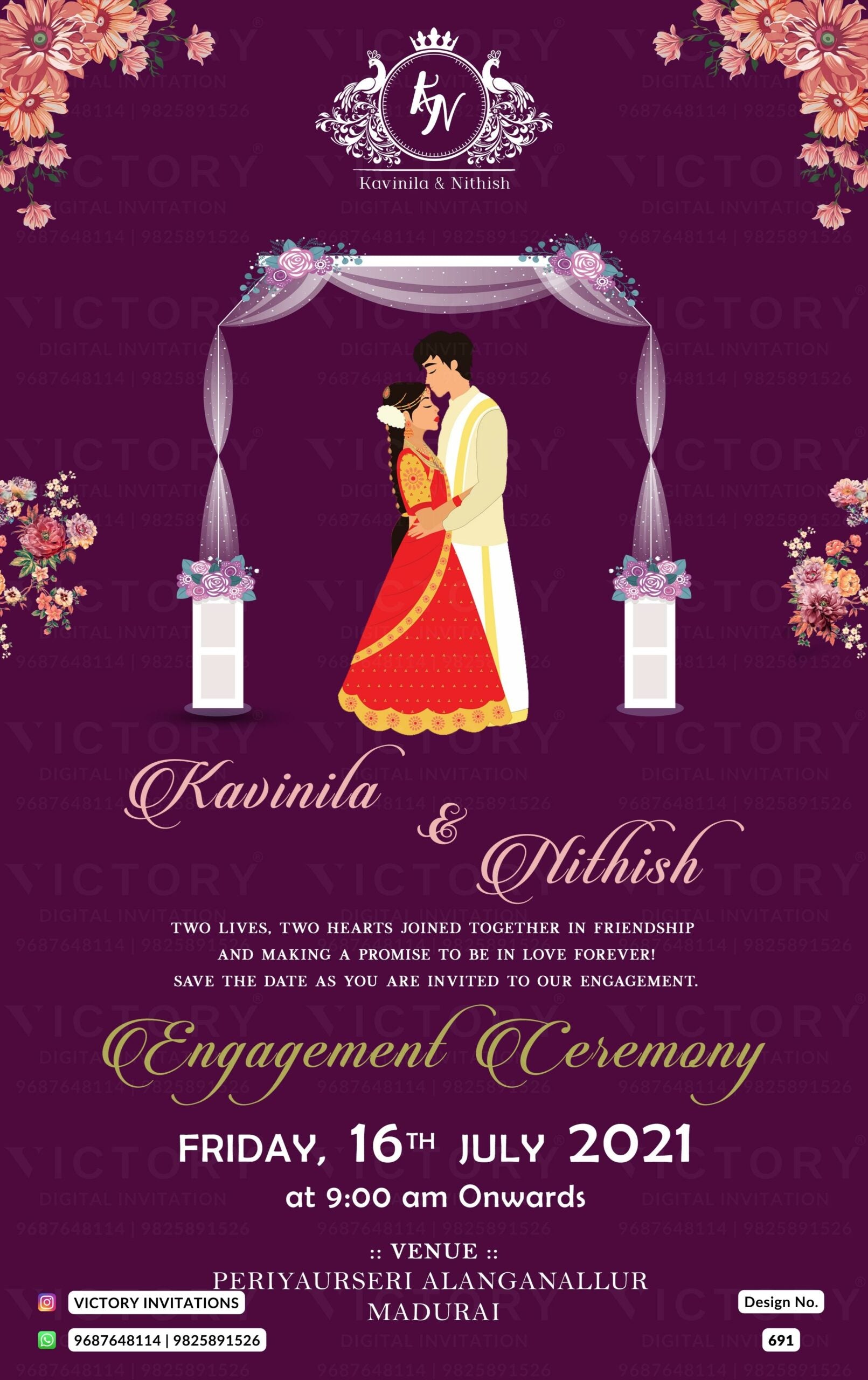 Engagement ceremony invitation card in english language with flowers, mandap, couple doodle as minimalistic theme design 691