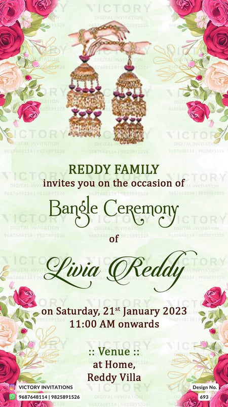 Choora ceremony invitation card in english language with flowers as floral theme design 693