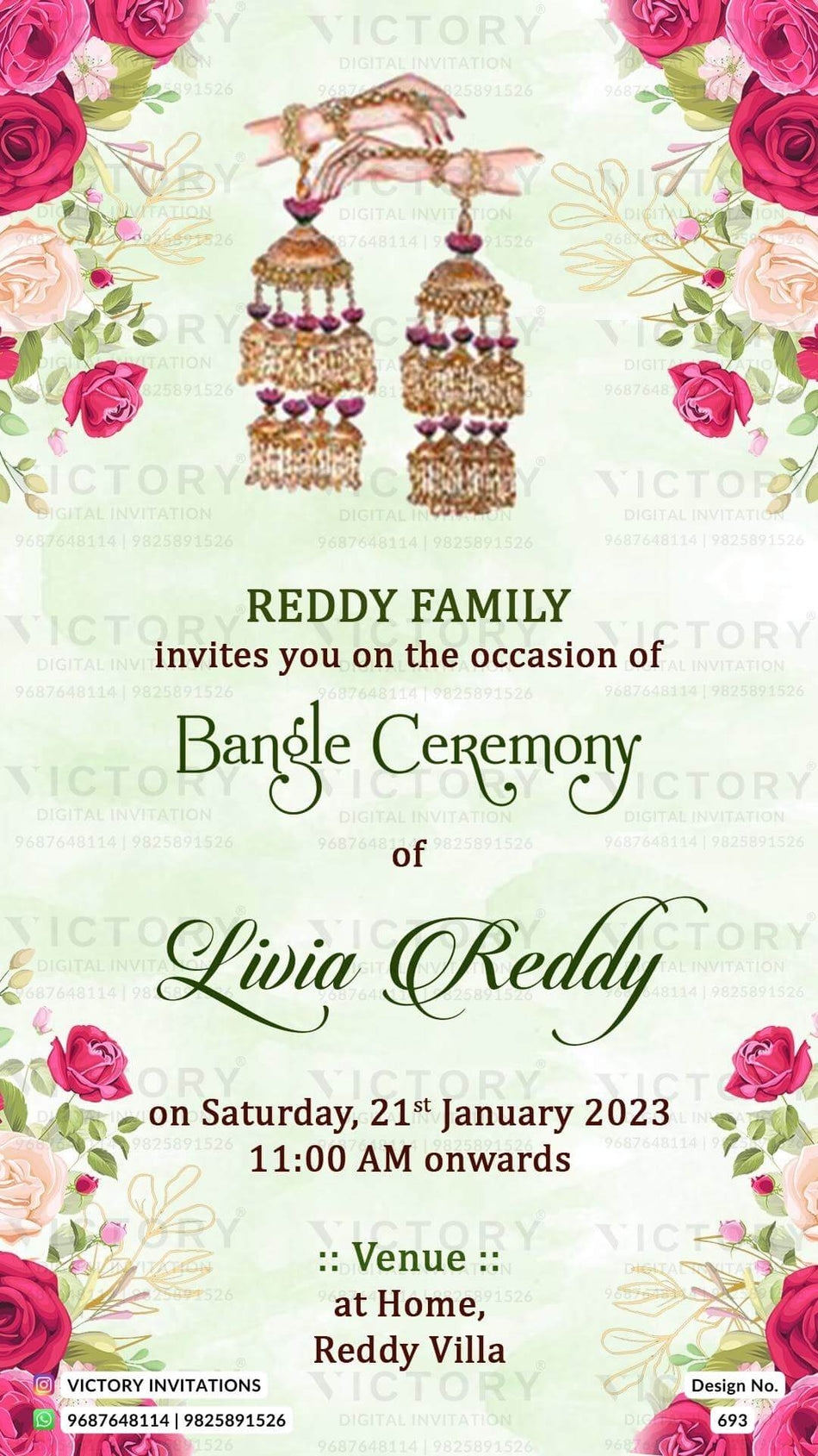 Choora ceremony invitation card in english language with flowers as floral theme design 693