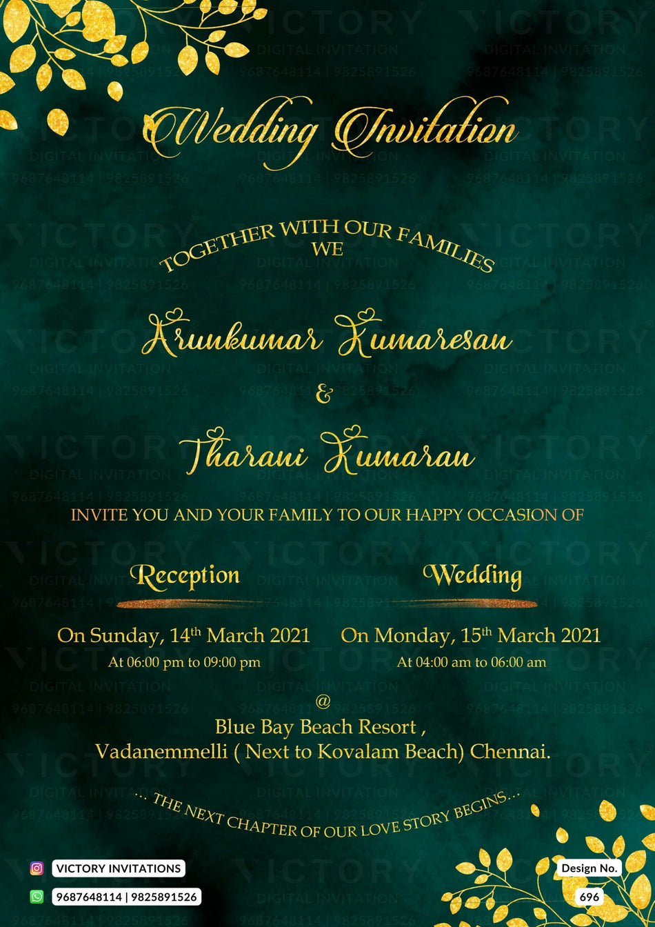 Wedding ceremony invitation card of hindu south indian tamil family in english language with minimalistic theme design 696