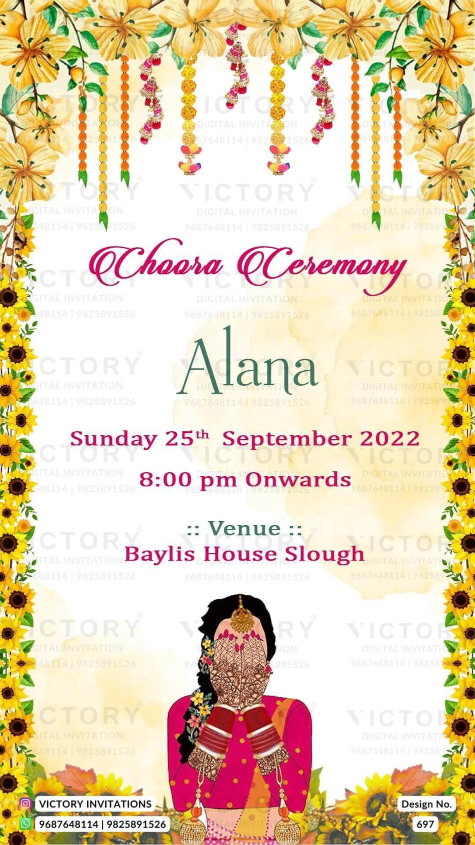 Choora ceremony invitation card in english language with girl doodle as floral theme design 697