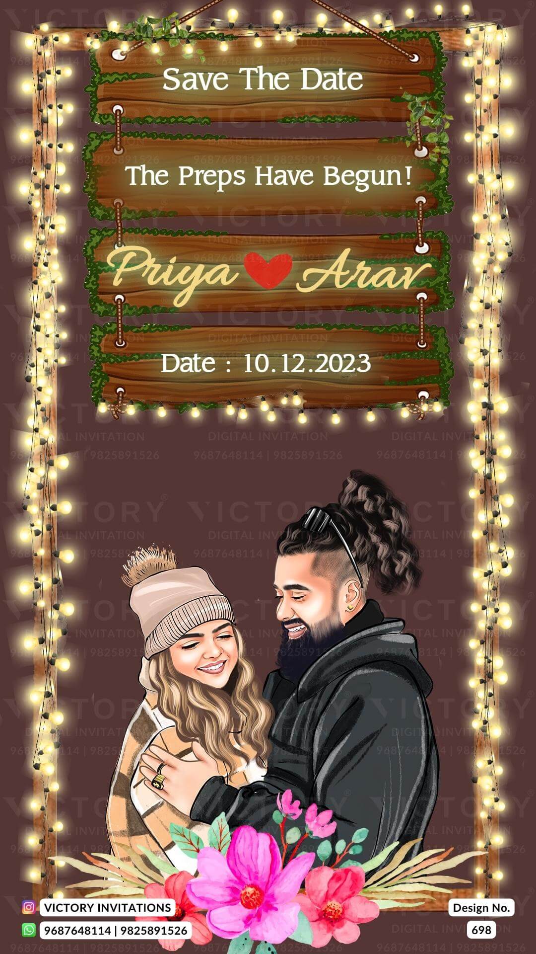 Adorable couple caricature invitation card for Save the Date in English language with vintage theme design 698