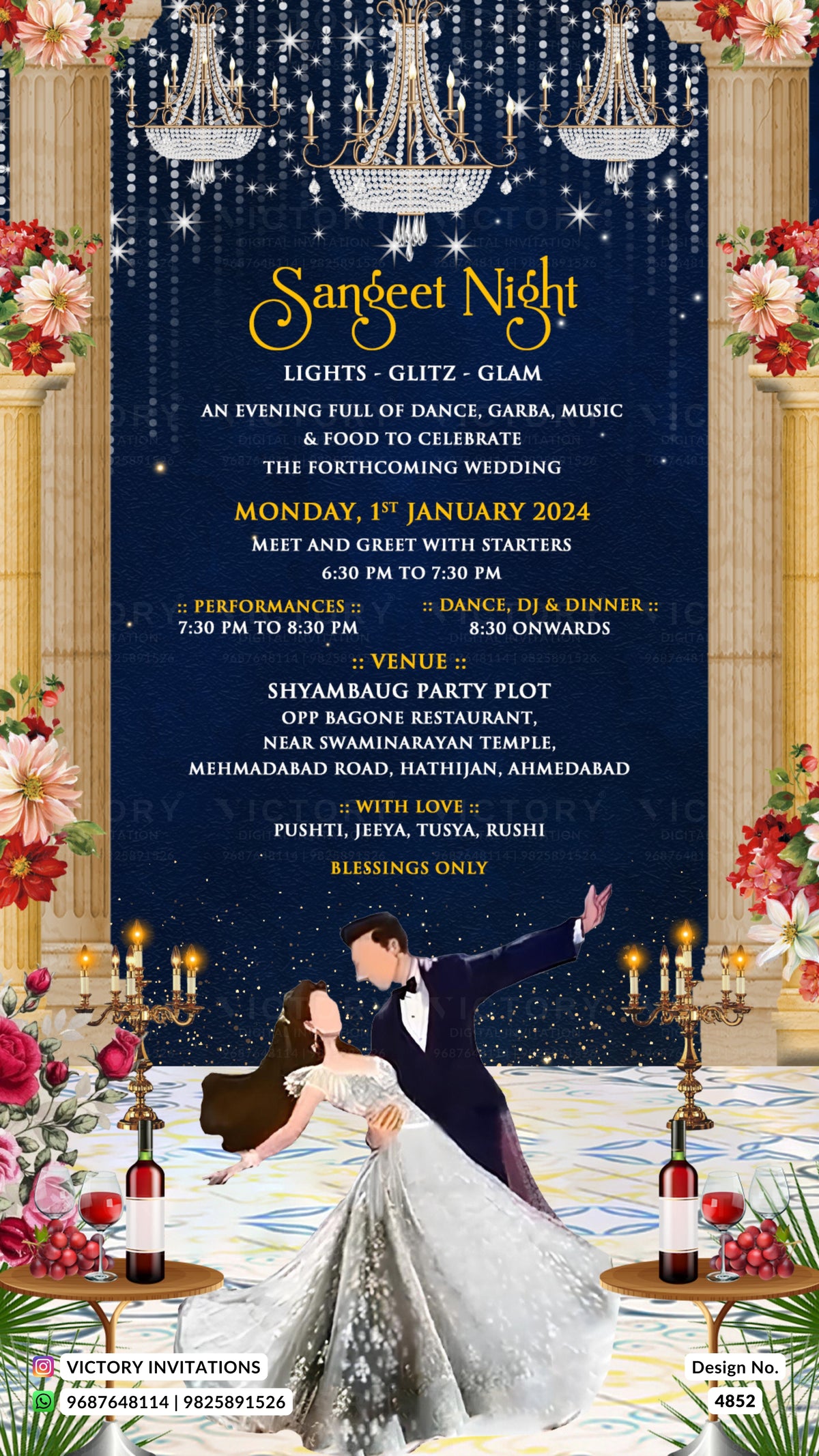 A festive wedding invitation card for 'Sangeet Night' featuring a dark blue starry night sky background, hanging chandeliers, and a dancing couple in a ballroom decorated with roses and candles. The text outlines the event details for Monday, 1st January 2024.