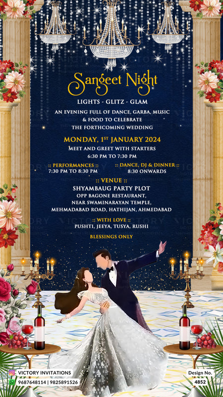 A festive wedding invitation card for 'Sangeet Night' featuring a dark blue starry night sky background, hanging chandeliers, and a dancing couple in a ballroom decorated with roses and candles. The text outlines the event details for Monday, 1st January 2024.