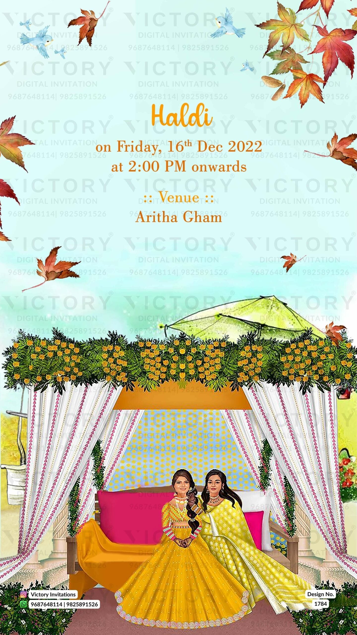 Water-colored Blue and Green Classic Whimsical Garden Theme Indian Wedding E-invitations with Festive Bride and Groom Caricature Illustrations,