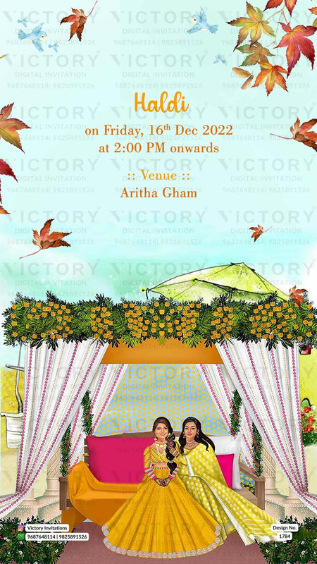 Water-colored Blue and Green Classic Whimsical Garden Theme Indian Wedding E-invitations with Festive Bride and Groom Caricature Illustrations,