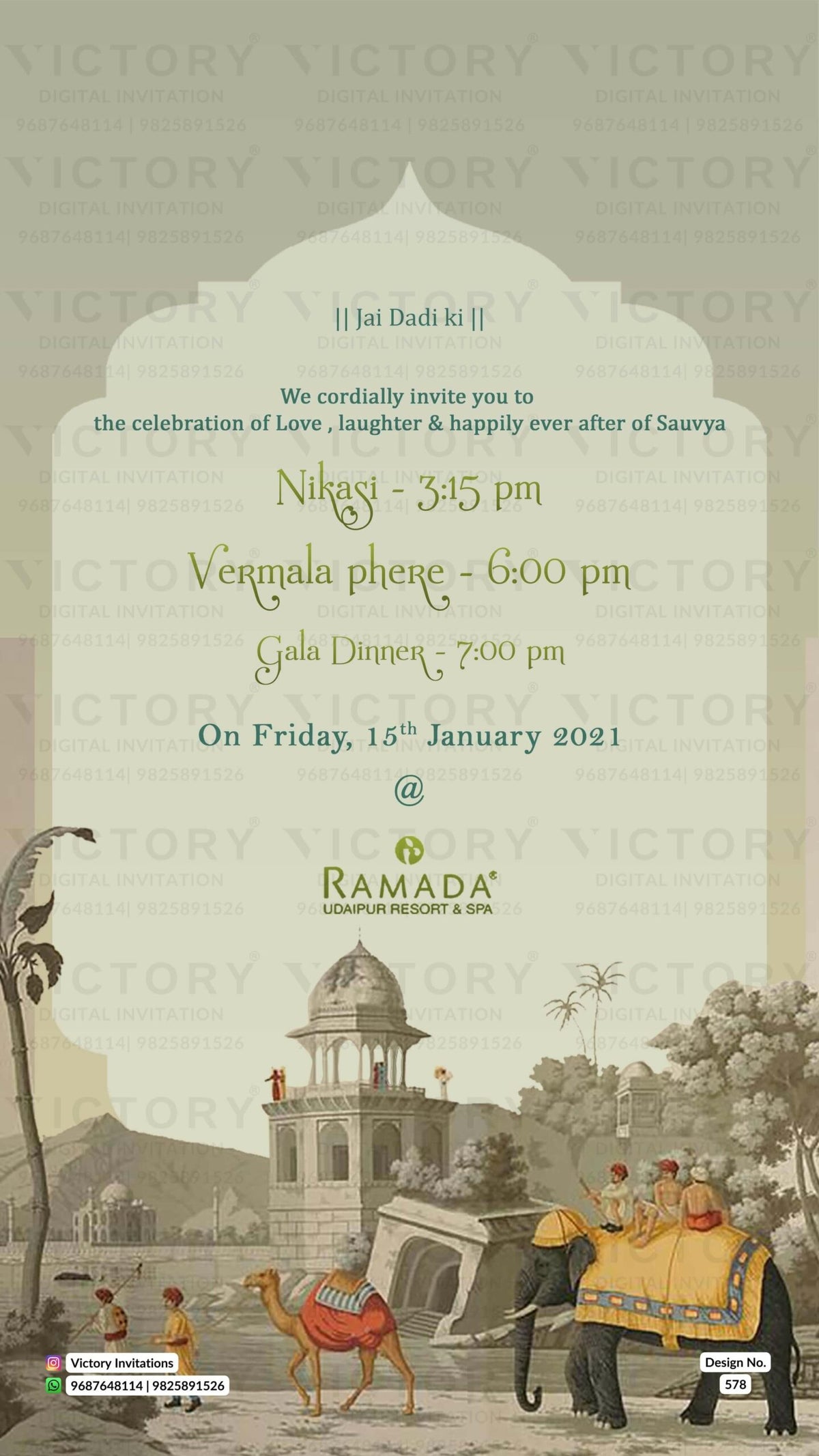 Floral Muted-Pastel Green and Brown Vintage Theme Digital Wedding Invites with Festive Indian Bride and Groom Doodle Illustrations