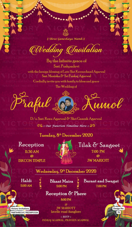 Wedding ceremony invitation card of hindu south indian kannada family in english language with Vintage theme design 70