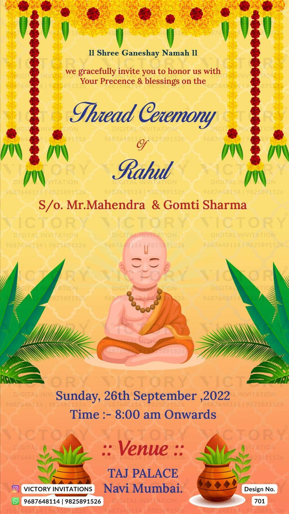 Thread ceremony invitation card in english language with yagnopaveet doodle, garland as traditional theme design 701