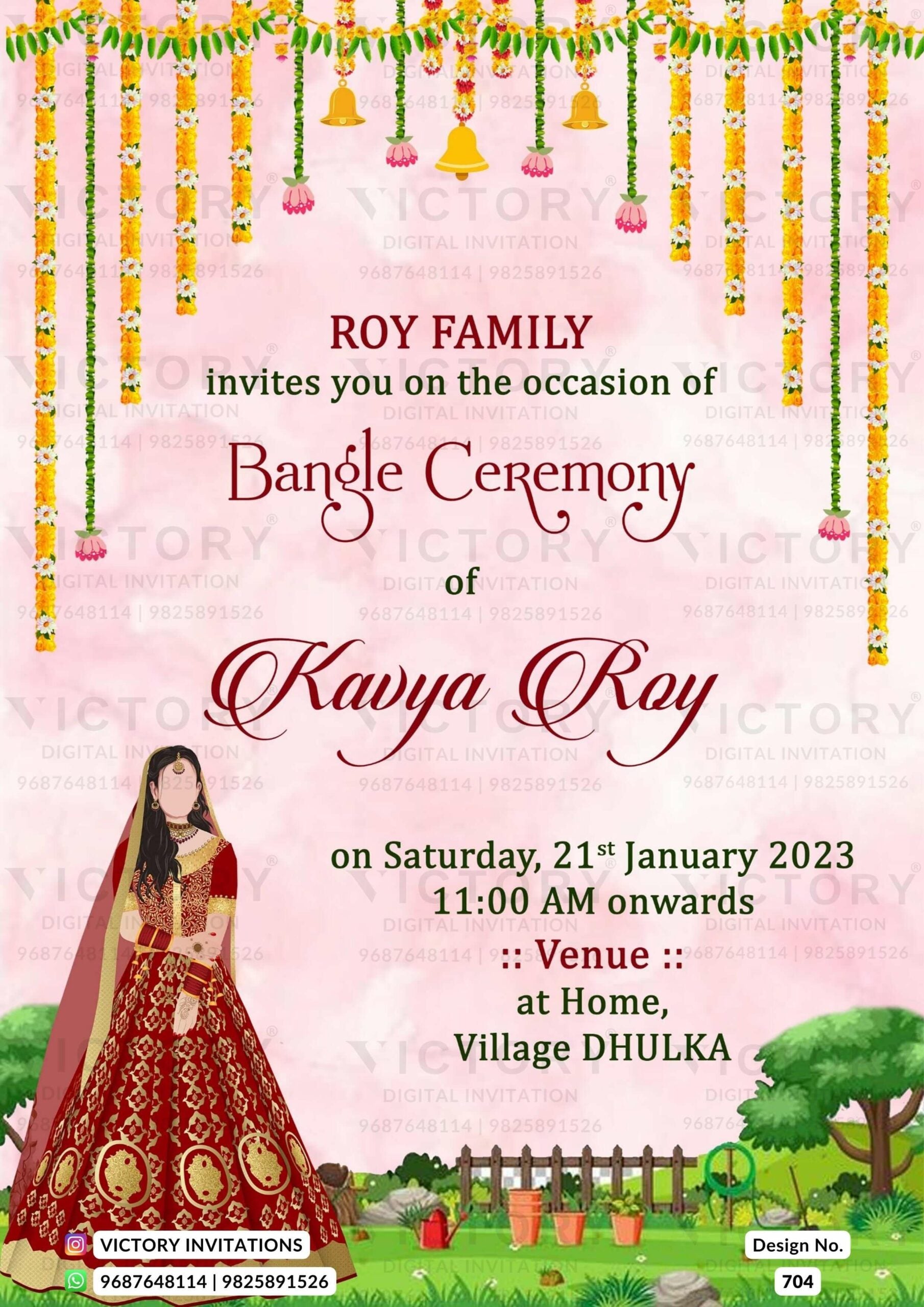 Choora ceremony invitation card in english language with garden theme design 704