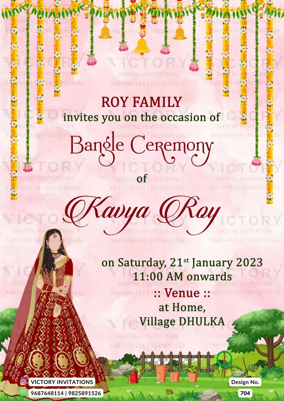 Choora ceremony invitation card in english language with garden theme design 704