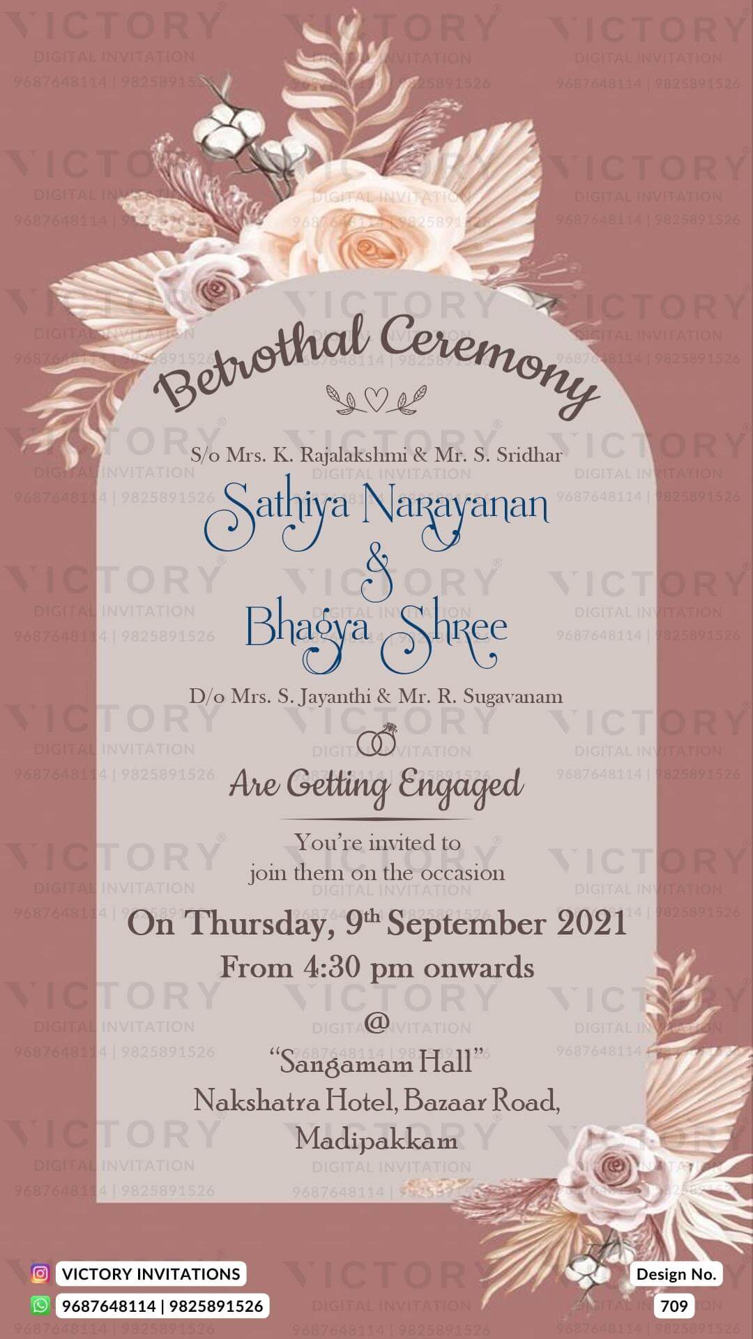 Betrothal ceremony invitation card for Catholic family in english language with flowers as gate theme design 709
