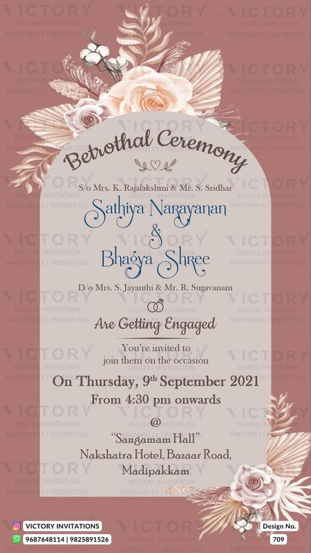 Betrothal ceremony invitation card for Catholic family in english language with flowers as gate theme design 709