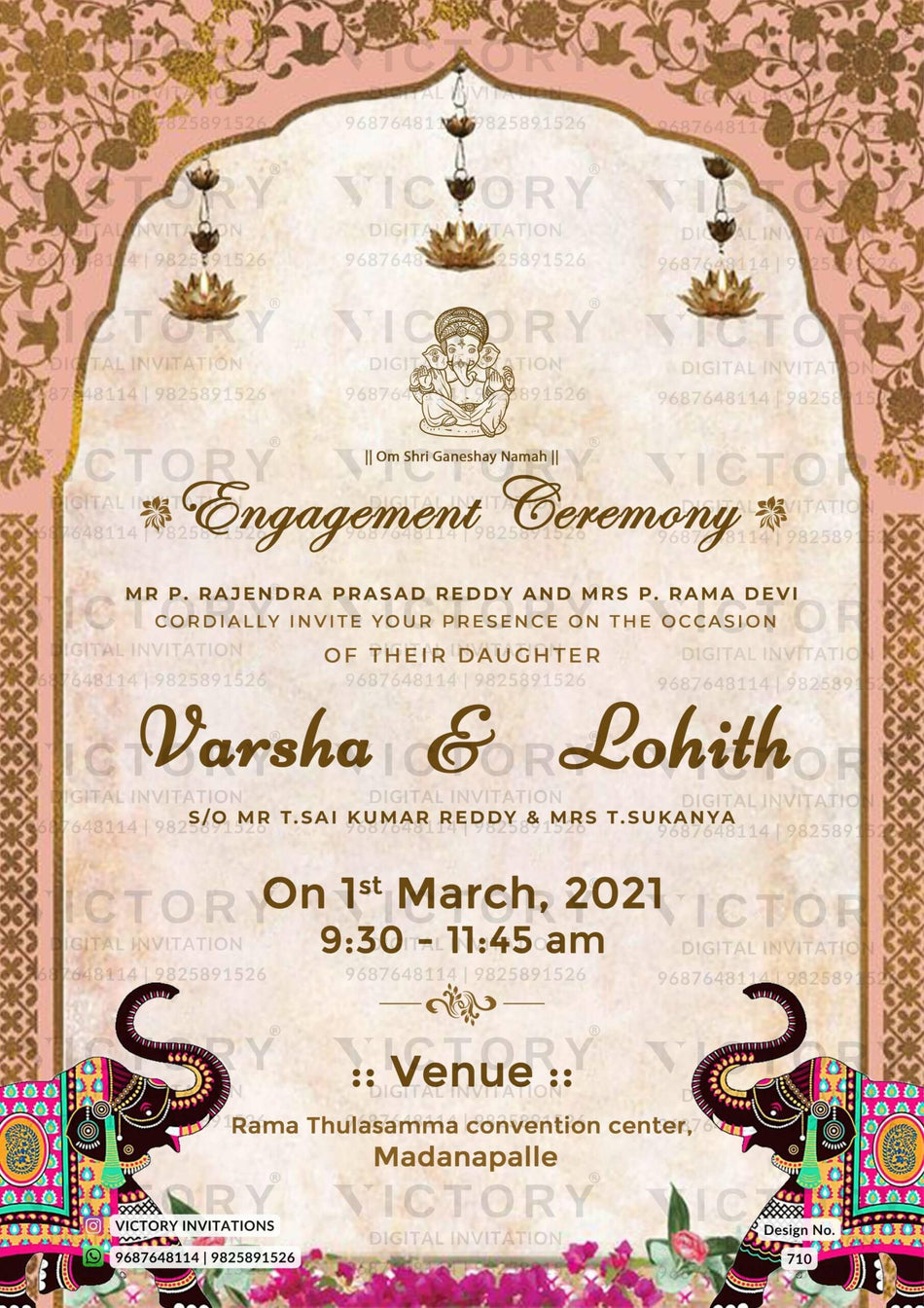 Engagement ceremony invitation card in english language with elephant, flowers as traditional arch theme design 710