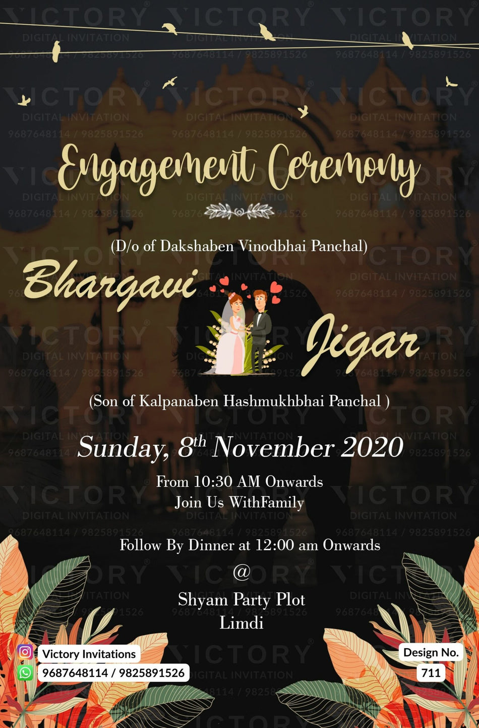 Engagement ceremony invitation card in english language with couple photo, leaves as night theme design 711