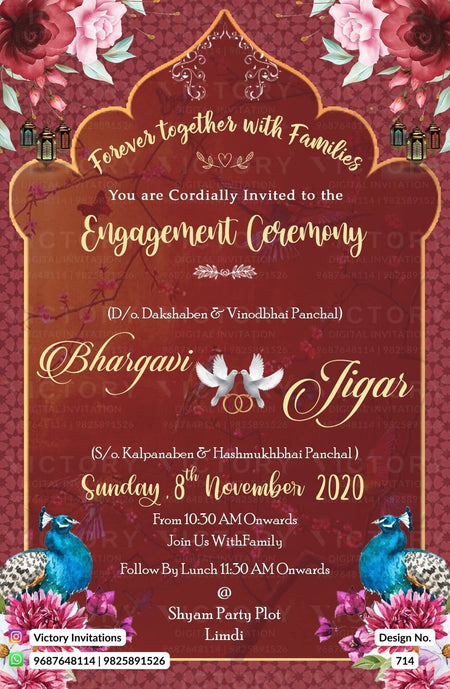 Engagement ceremony invitation card in english language with flowers, peacock, birds as arch theme design 714