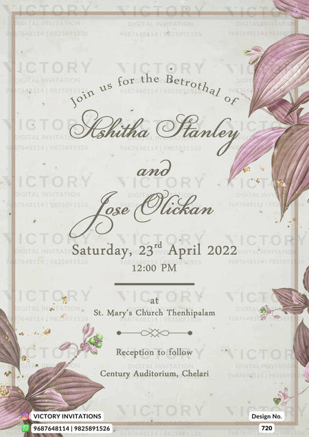 Betrothal ceremony invitation card for Catholic family in english language with leaves, frame as minimalistic theme design 720