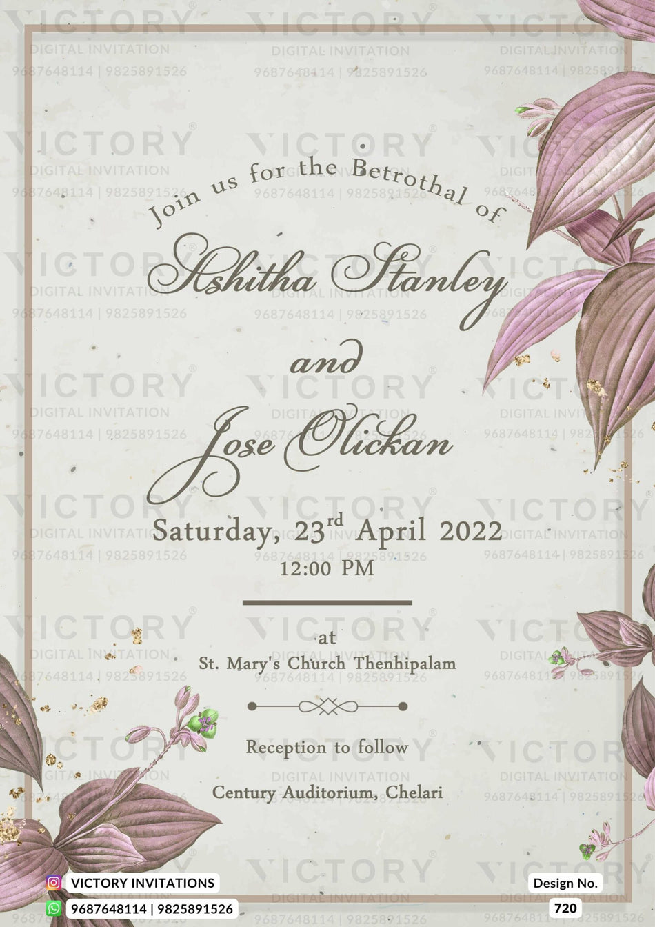 Betrothal ceremony invitation card for Catholic family in english language with leaves, frame as minimalistic theme design 720