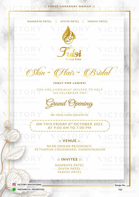 Opening invitation card in english language with frame, flower as minimalistic theme design 722