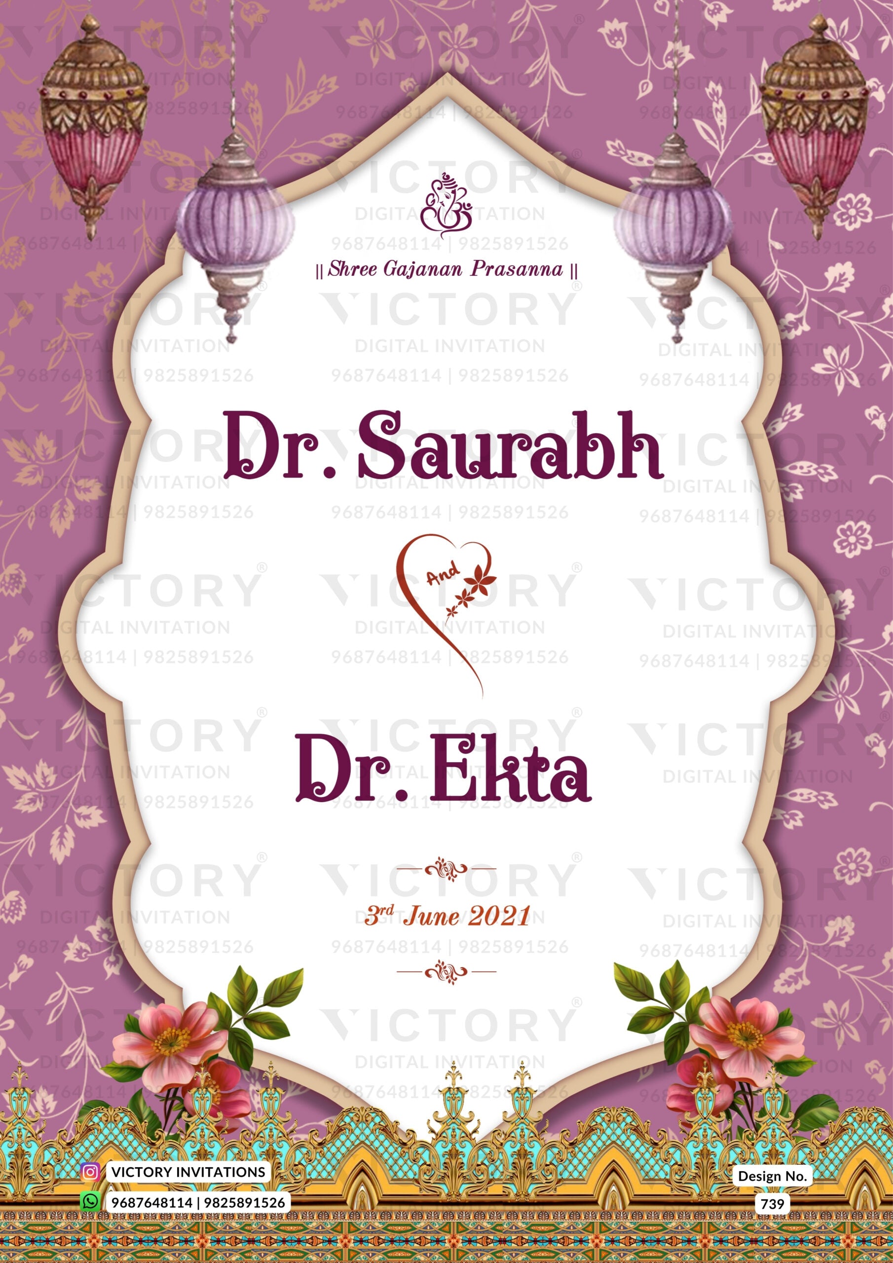 Wedding ceremony invitation card of hindu maharashtrian marathi family in english language with traditional theme design 739