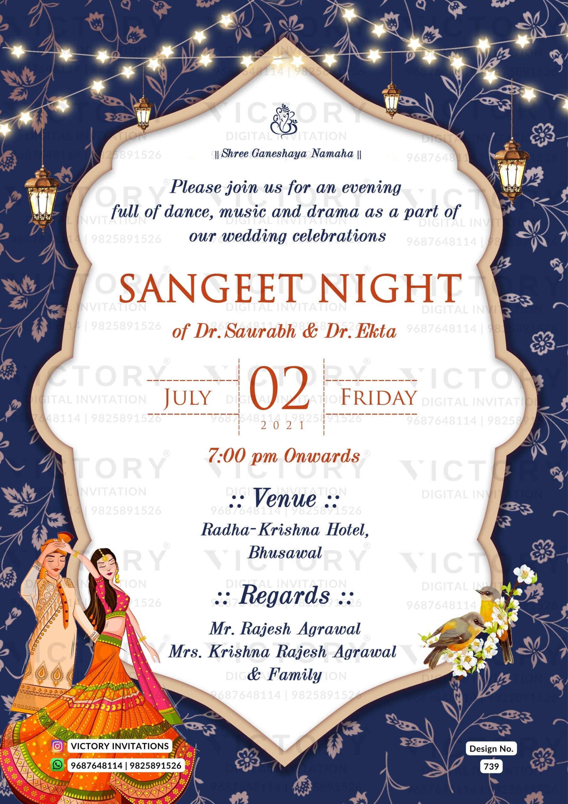 Wedding ceremony invitation card of hindu maharashtrian marathi family in english language with traditional theme design 739
