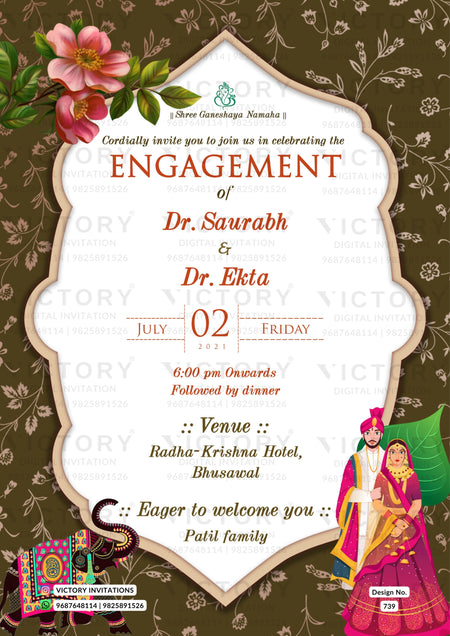Wedding ceremony invitation card of hindu maharashtrian marathi family in english language with traditional theme design 739