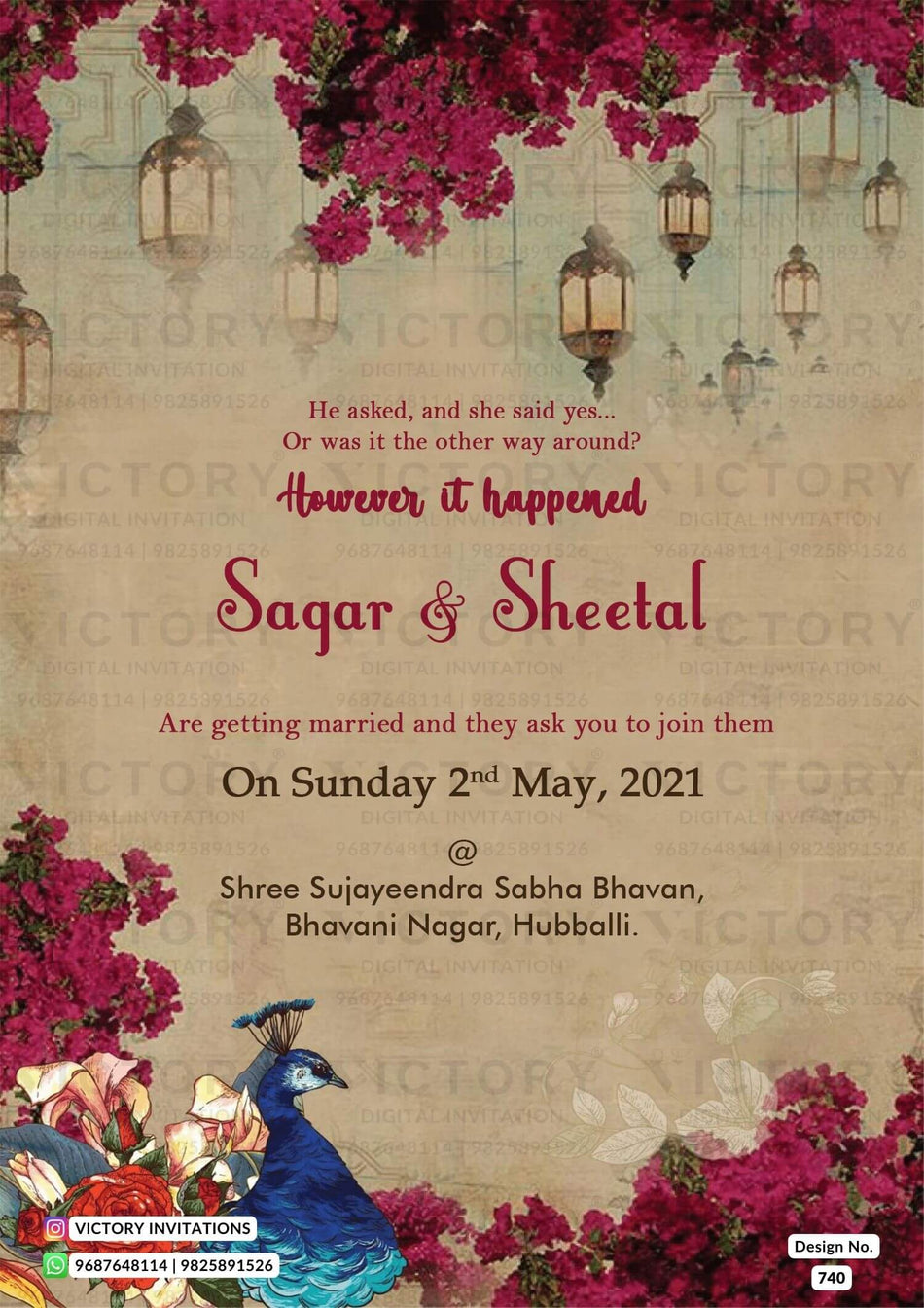 Wedding ceremony invitation card of hindu south indian kannada family in english language with Floral theme design 740