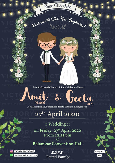 Wedding ceremony invitation card of hindu south indian kannada family in english language with Shining theme design 742